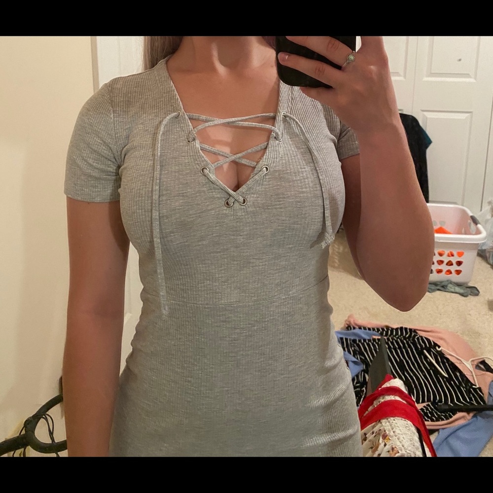 H&M Ribbed Heather Grey Front Lace-Up Dress